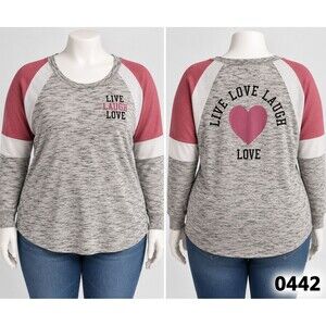 No Boundaries Live Laugh Love Raglan Shirt Gray Pink Colorblock XL 15-17- 0442